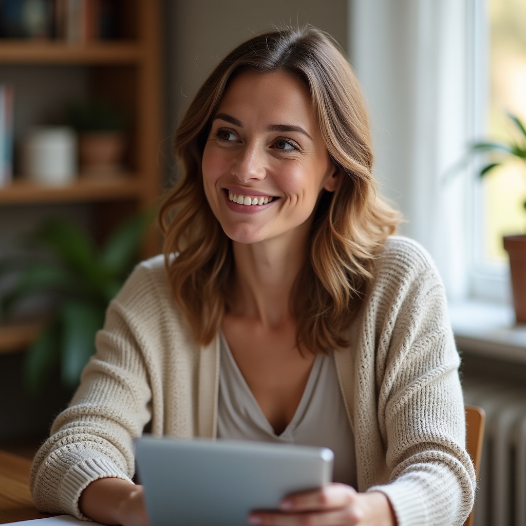 Woman in her late thirties smiling calmly while reviewing notes on a tablet in a softly lit home office setting