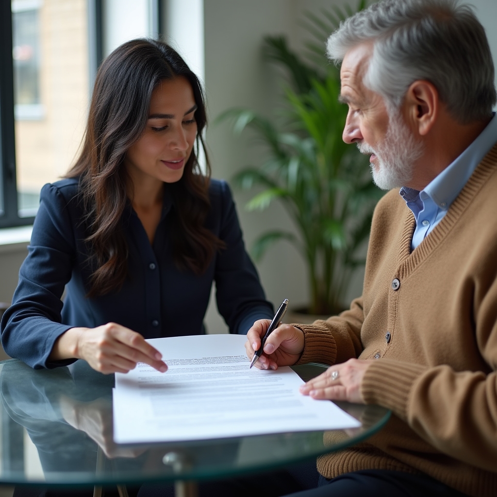 Two professionals sitting at a small table reviewing an offer letter together during a calm negotiation practice conversation